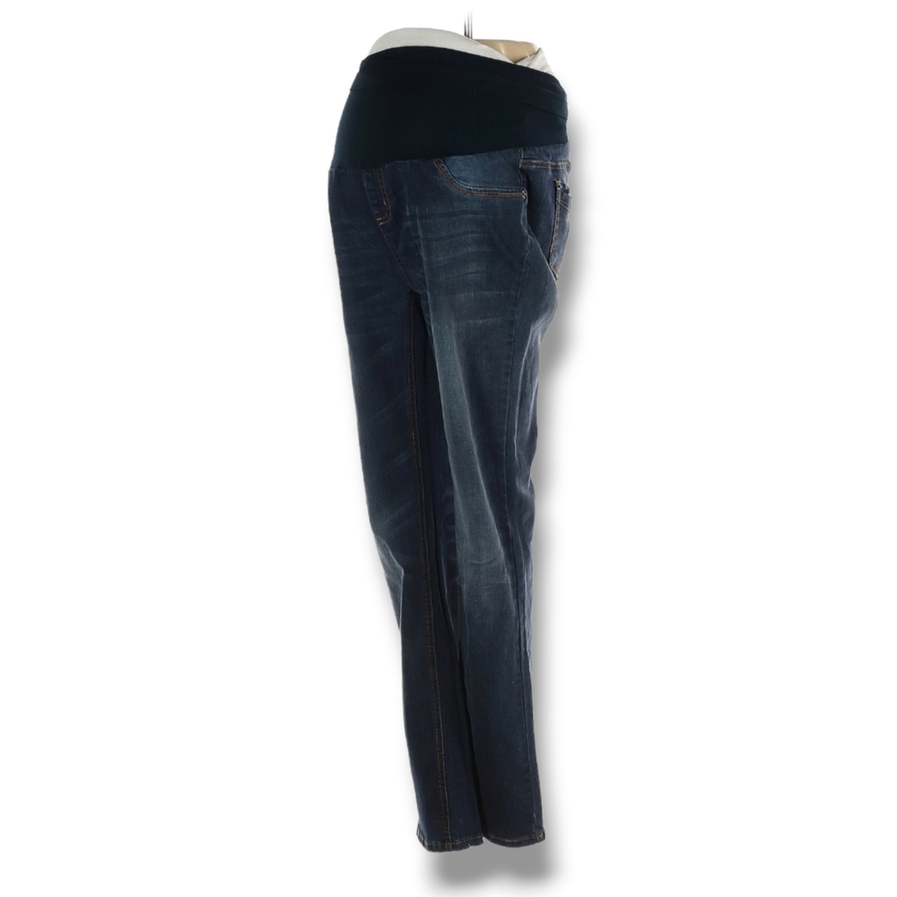 Haute Mama Maternity Jeans Size XL Medium Dark Wash Whiskering Full Belly‎ Panel